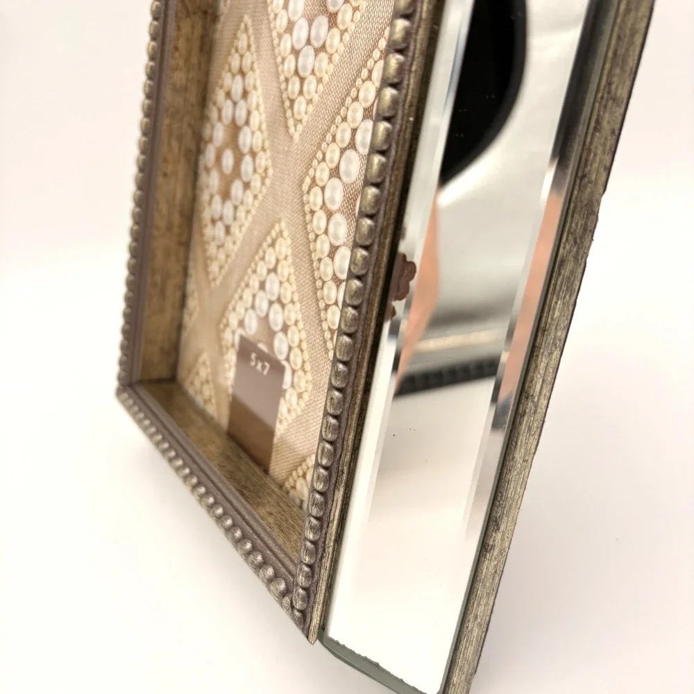 Mirrored Beaded 5x7 Picture Frame Pearl Diamond Inlay Regency Glam Decor